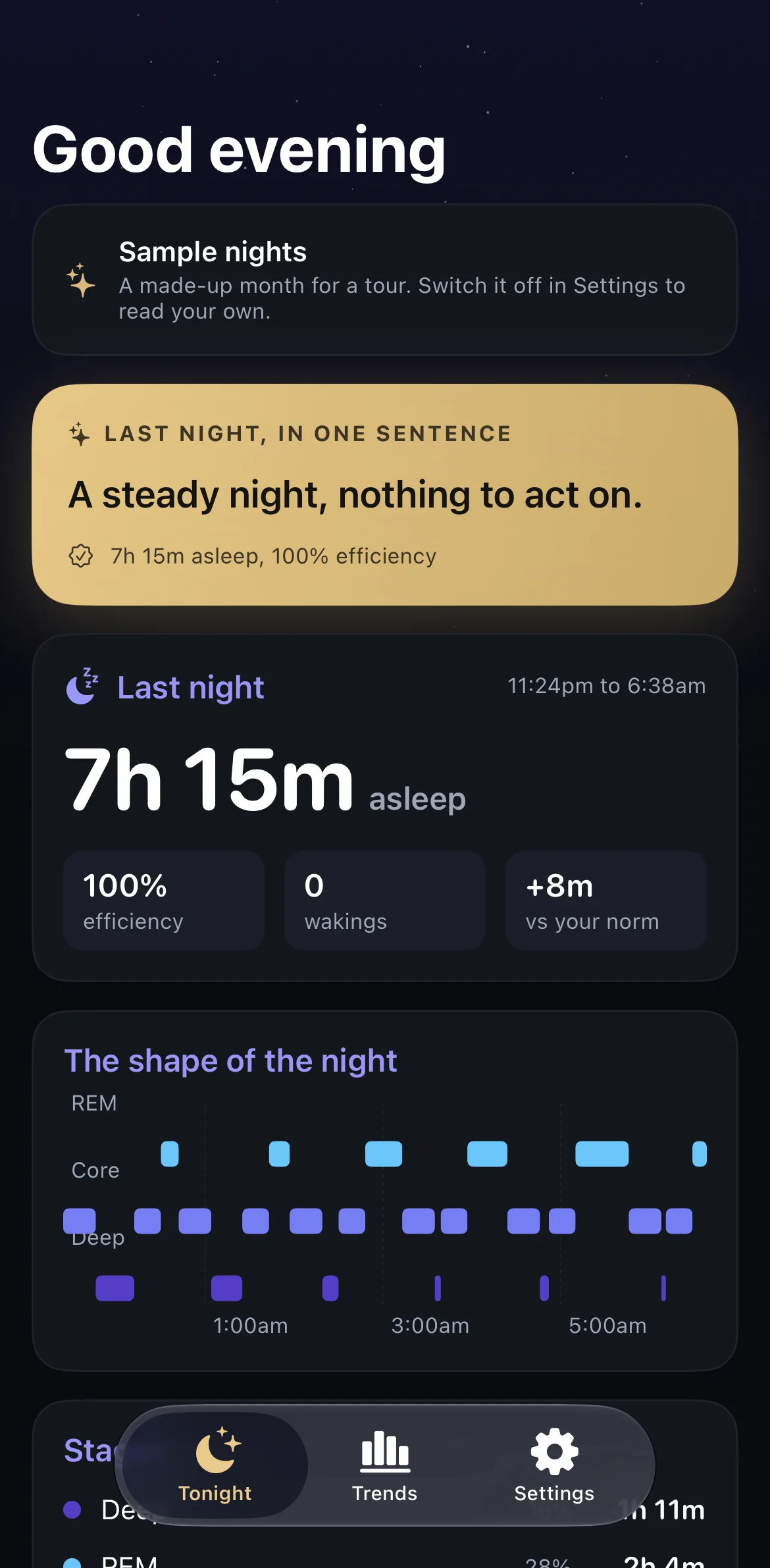 The Fortuity Sleep morning screen on iPhone, showing labeled sample nights: the one-sentence verdict, last night's hours asleep, efficiency and wakings, and the shape of the night